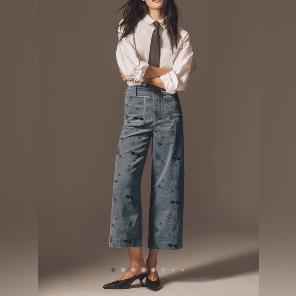 Anthropologie Maeve the Colette Gray/Blue Embroidered Crop Pants